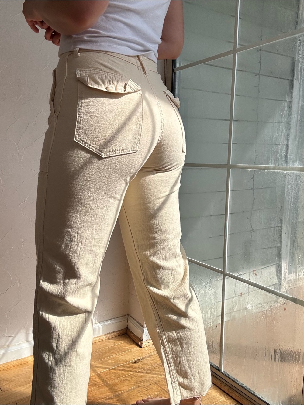 Cream Utility Carpenter Pants Raw Hem Wide Leg NSF Size 26